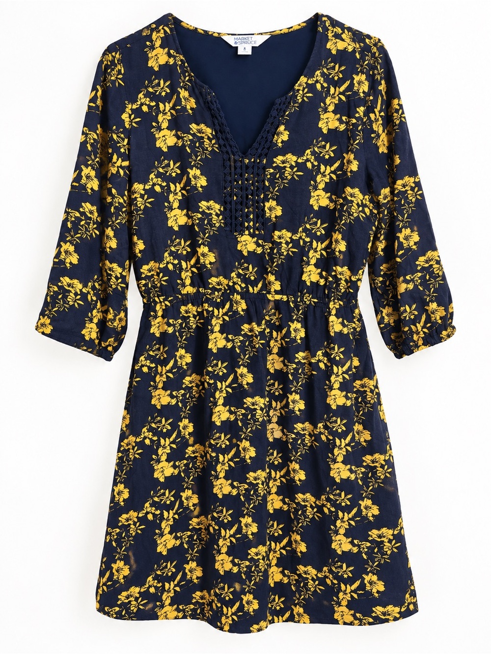 Market & Spruce Navy & Mustard Floral Dress | Size M